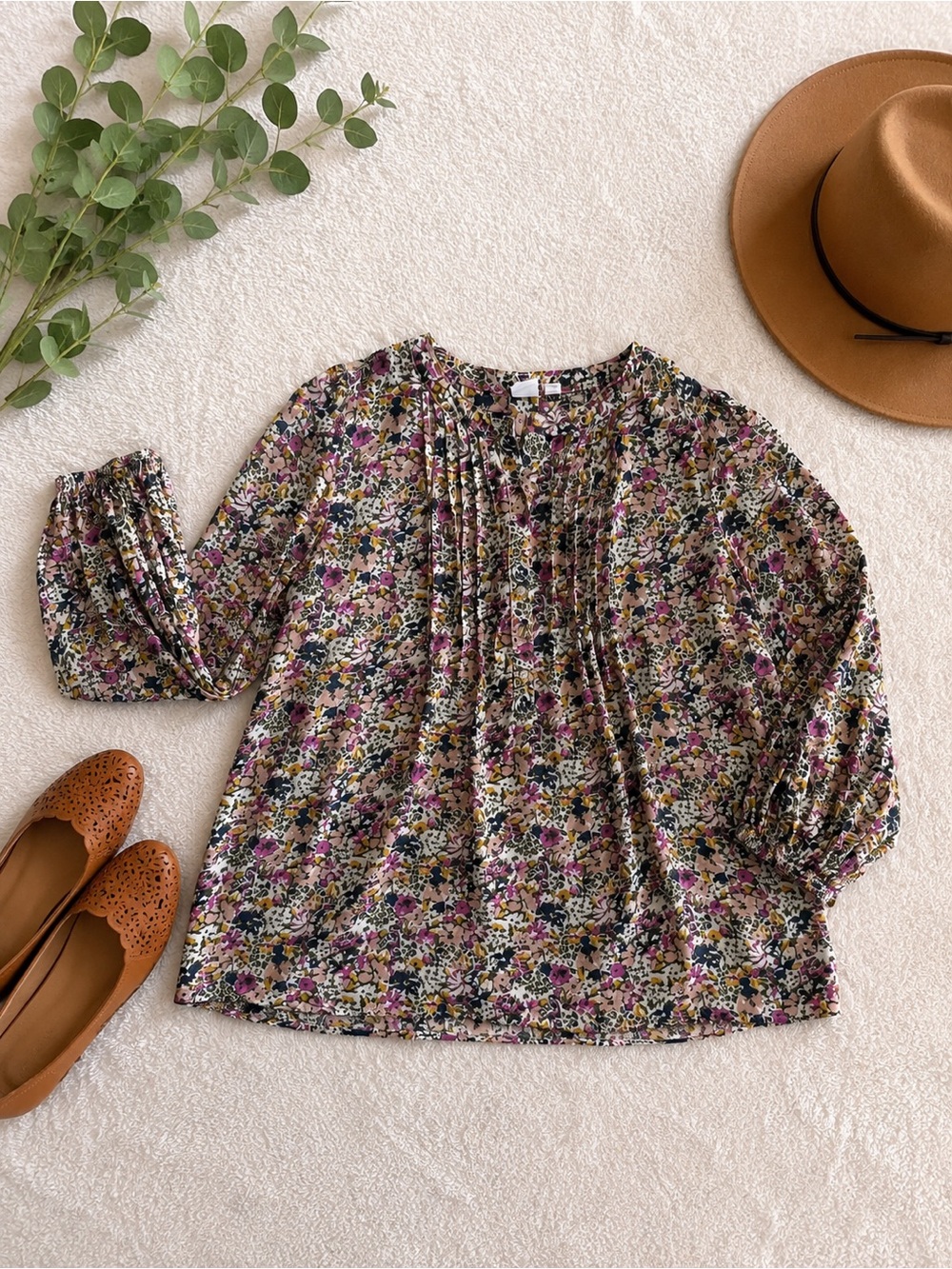 GAP Floral Peasant Blouse Size Small Pink Multicolor Long Sleeve Boho Top